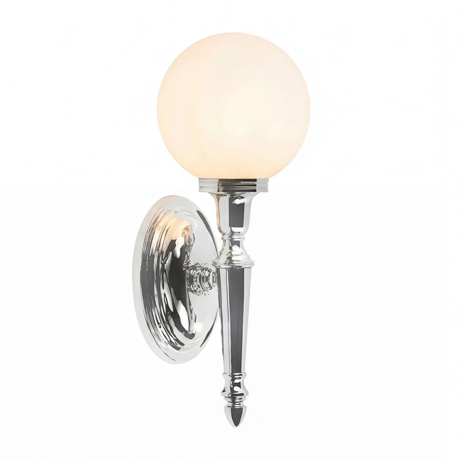Licht-Erlebnisse Badleuchte Messing Glas IP44 35 CM Hoch Chrom Weiß Kugel Schirm 3000 K G9 LED