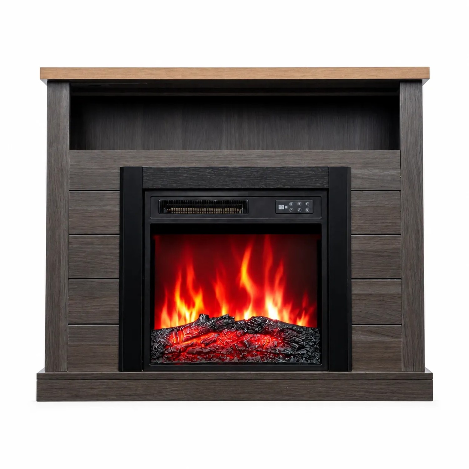 HOMAVO 18 Zoll Grauer Elektrokamin mit Kaminschrank 900W/1800W 3D Flamme Fernbedienung Timer Ablagefläche