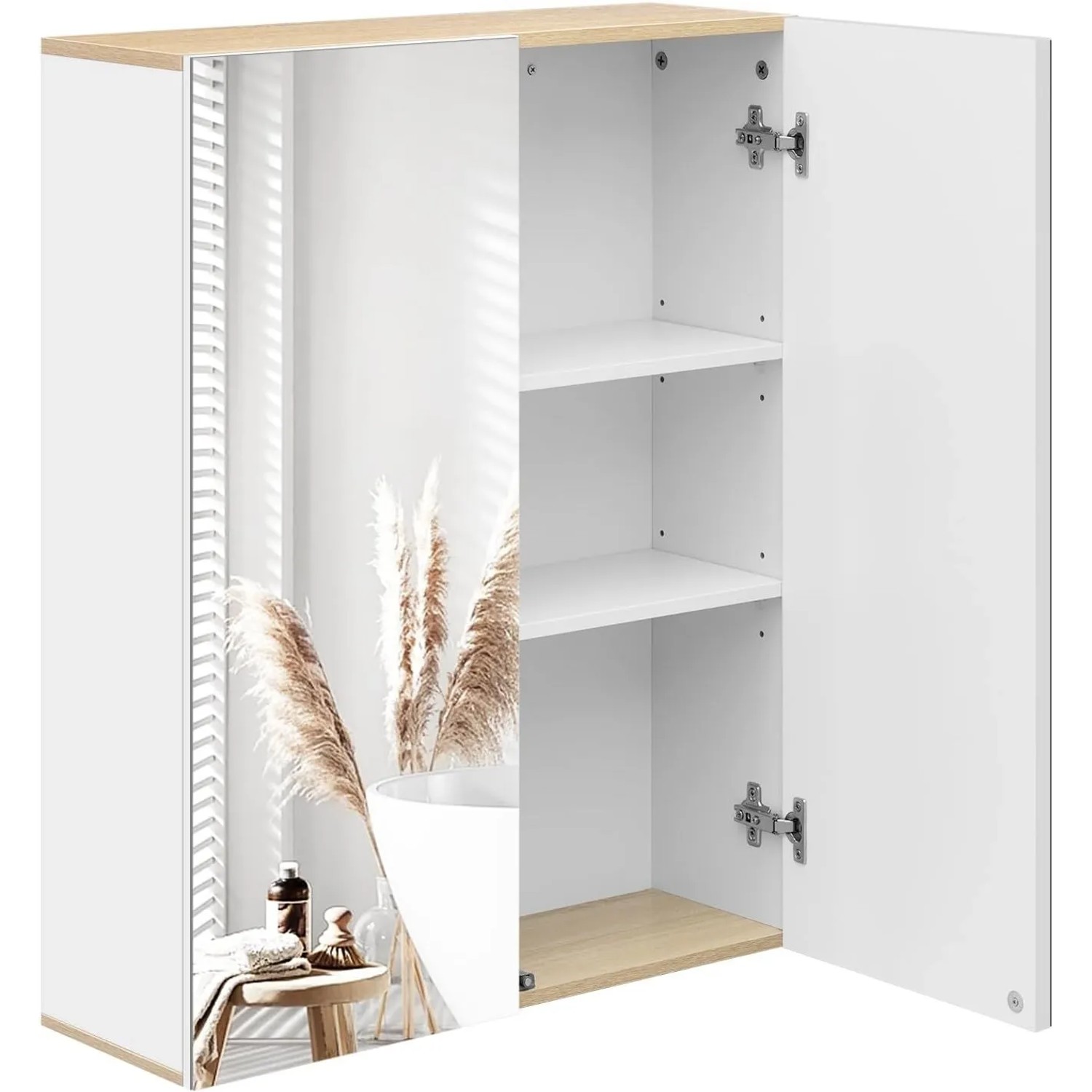 EUGAD Spiegelschrank mit Doppeltür 60x75x20cm Weiß und Helle Eiche