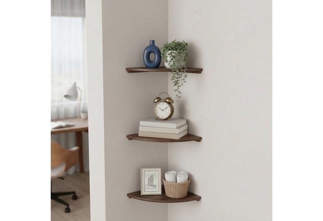 Relaxdays Eckregal, Hbt: 3 X 35 X 35 Cm, Walnussholz, Wohnzimmer, Deko, Traglast: 5 Kg, Bücherregal Hängend, Dunkelbraun