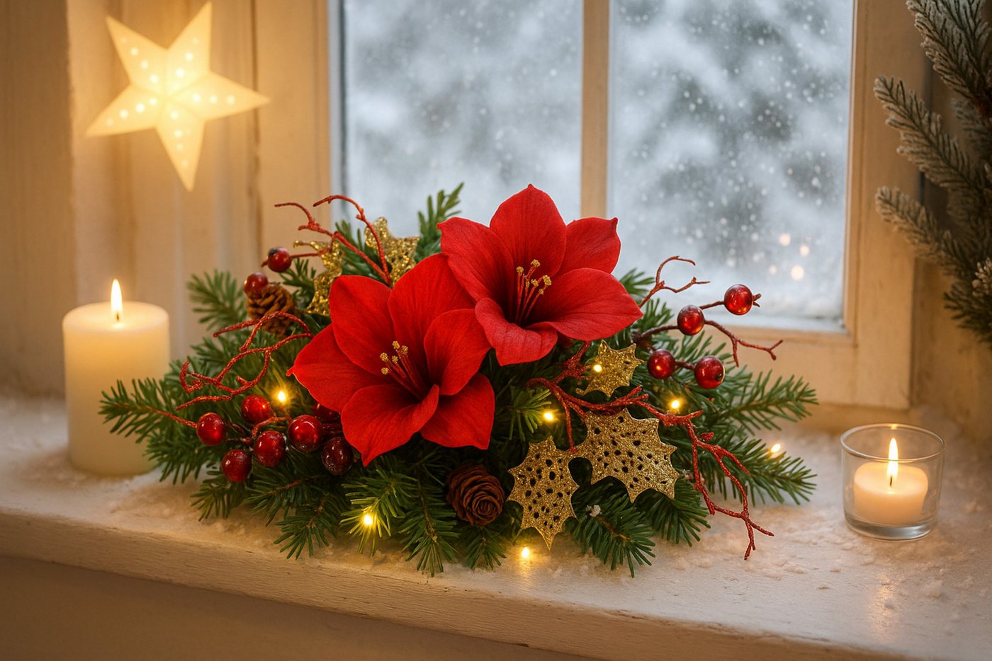 Kunstpflanze Tannenleger, I.GE.A., Höhe 10 cm, Amaryllis Zapfen Beeren künstlich warmweiß Weihnachtsdeko Tisch Advent Bild 4