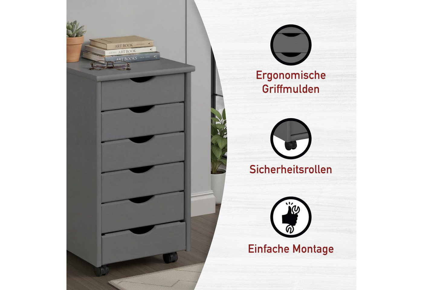 Inter Link Rollcontainer Simon aus massivem Kiefernholz, auf rollen, grau lackiert, (1 St), Bürocontainer mit 6 Schubladen, grifflos, 35 x 39 x 65,6 cm Bild 5