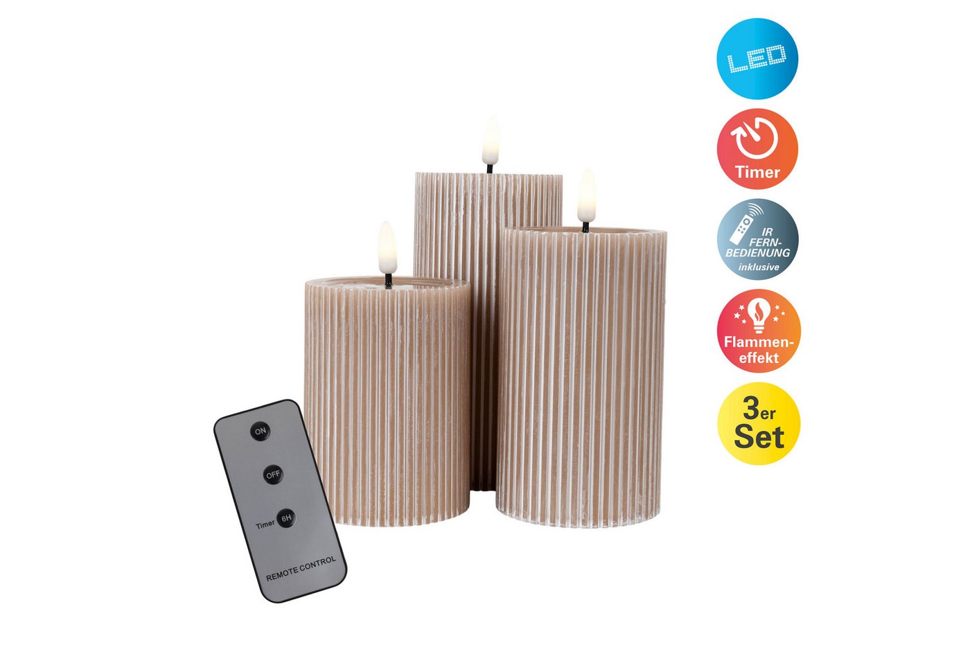 näve LED Dekolicht Nuria, Timerfunktion, LED fest integriert, Warmweiß, 3er-Set LED Kerzen warmweiß, Echtwachs, Timer, Flammeneffekt Bild 4