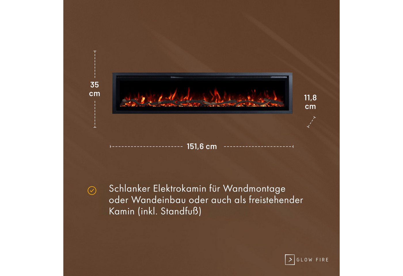 GF Core Elektrokamin Wandkamin Core, 3D Feuer und Heizung (Thermostat, bis 1800 W), Elektrischer Stand-, Wand- oder Einbaukamin mit APP Steuerung, LED