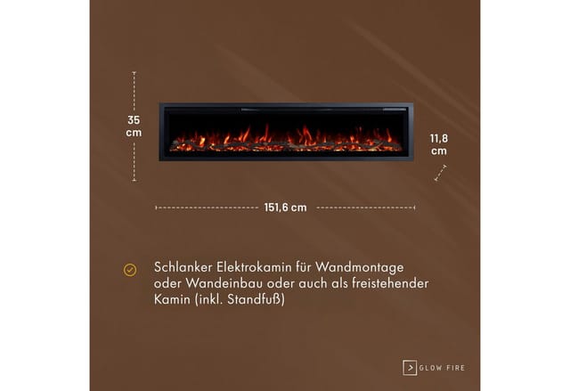 GF Core Elektrokamin Wandkamin Core, 3D Feuer und Heizung (Thermostat, bis 1800 W), Elektrischer Stand-, Wand- oder Einbaukamin mit APP Steuerung, LED