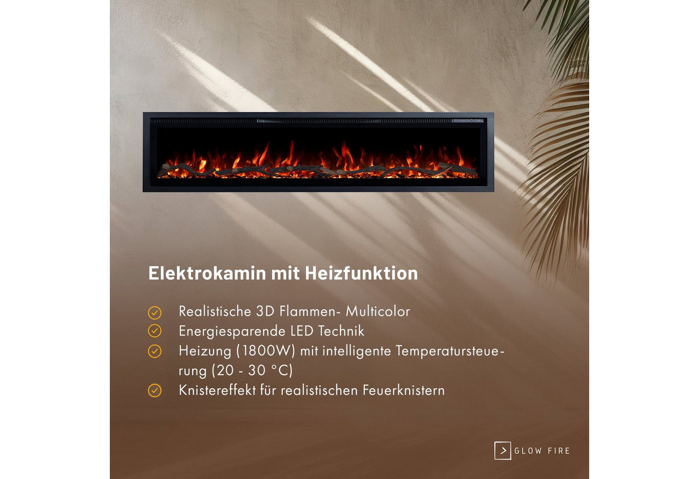GF Core Elektrokamin Wandkamin Core, 3D Feuer und Heizung (Thermostat, bis 1800 W), Elektrischer Stand-, Wand- oder Einbaukamin mit APP Steuerung, LED Bild 2
