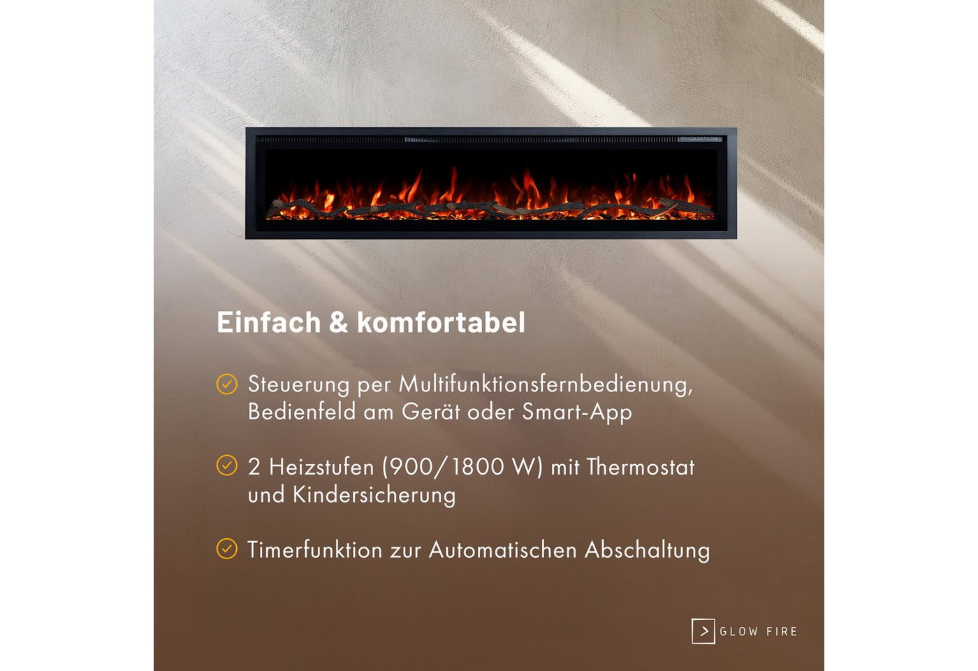 GF Core Elektrokamin Wandkamin Core, 3D Feuer und Heizung (Thermostat, bis 1800 W), Elektrischer Stand-, Wand- oder Einbaukamin mit APP Steuerung, LED Bild 5