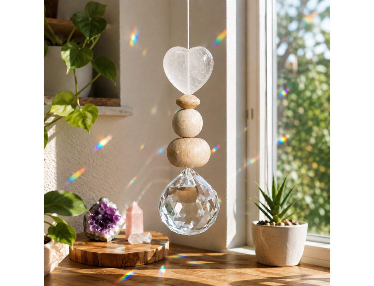 Karmandala Fensterdekoration Kristall Sonnenfänger mit Edelstein Windspiel Regenbogen Lichtfänger, echte Bergkristall Steine für Klarheit, Fokus und Ausgeglichenheit Bild 2