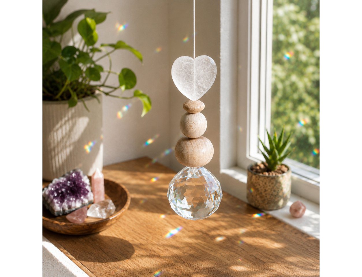 Karmandala Fensterdekoration Kristall Sonnenfänger mit Edelstein Windspiel Regenbogen Lichtfänger, echte Bergkristall Steine für Klarheit, Fokus und Ausgeglichenheit Bild 5