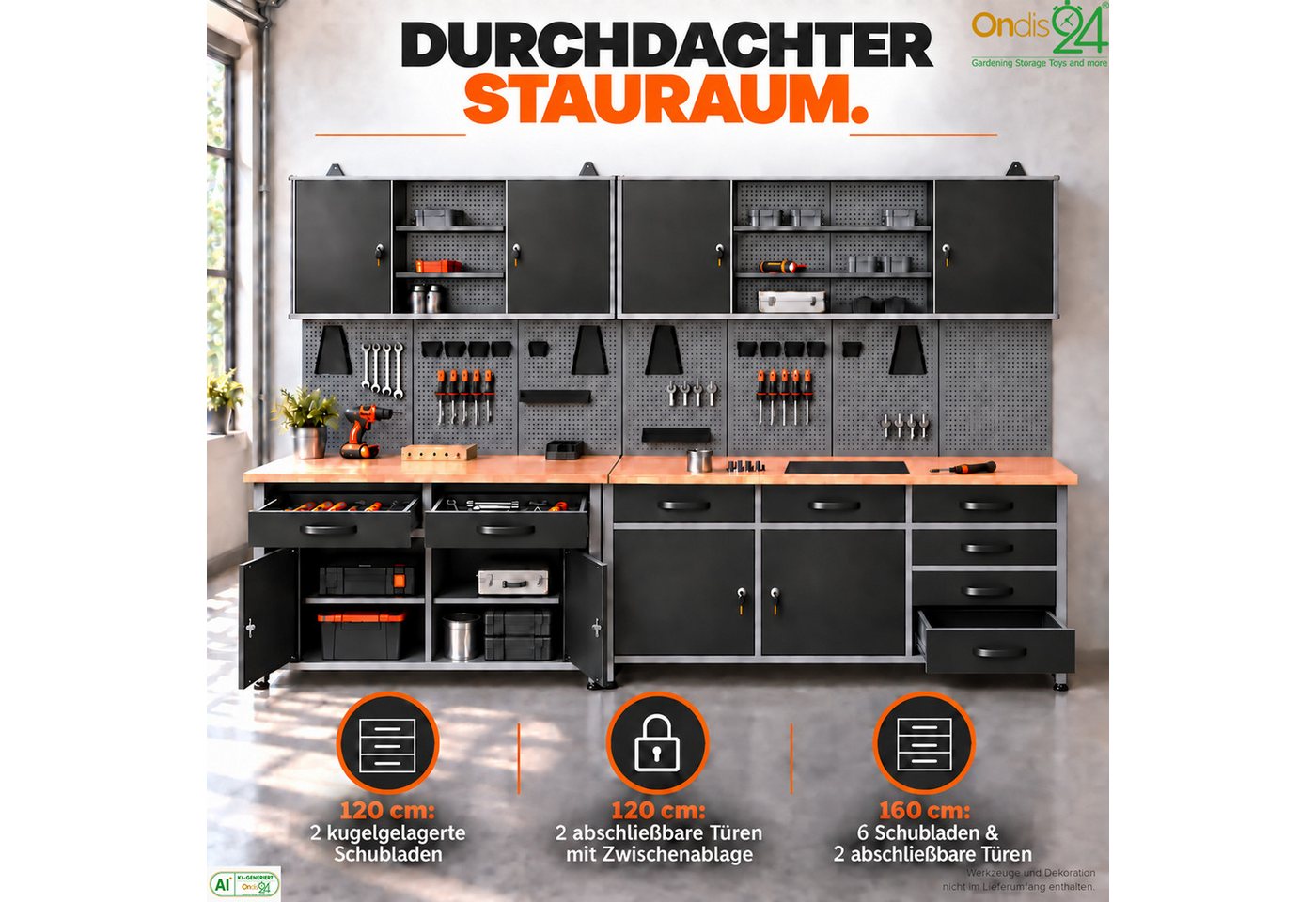 ONDIS24 Werkstatt-Set Werkstattset Bruno 280 cm Werkbank 8 Schubladen Hängeschränke Lochwand