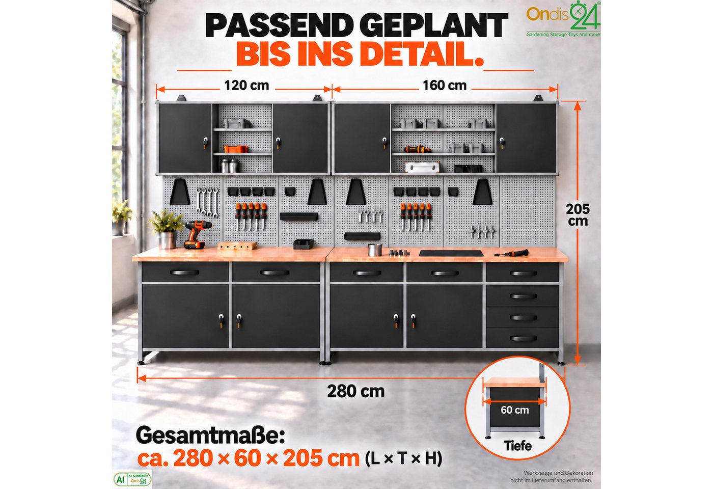 ONDIS24 Werkstatt-Set Werkstattset Bruno 280 cm Werkbank 8 Schubladen Hängeschränke Lochwand Bild 2