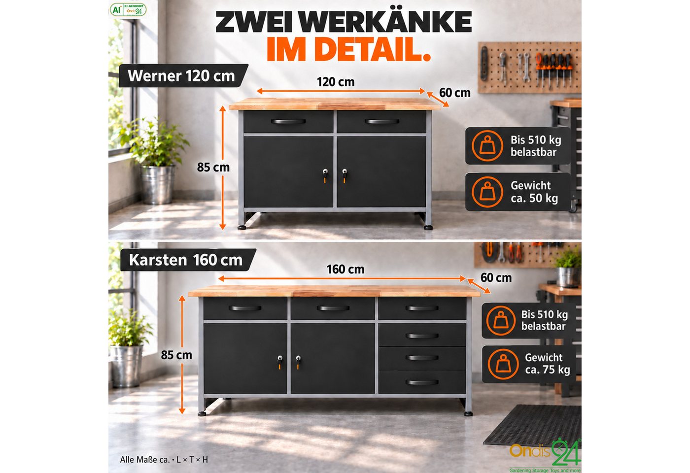 ONDIS24 Werkstatt-Set Werkstattset Bruno 280 cm Werkbank 8 Schubladen Hängeschränke Lochwand Bild 3