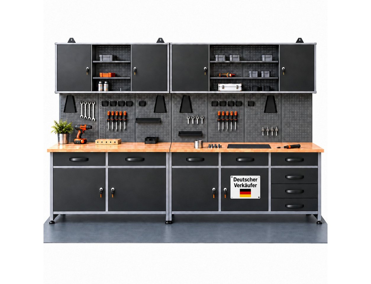 ONDIS24 Werkstatt-Set Werkstattset Bruno 280 cm Werkbank 8 Schubladen Hängeschränke Lochwand Bild 4