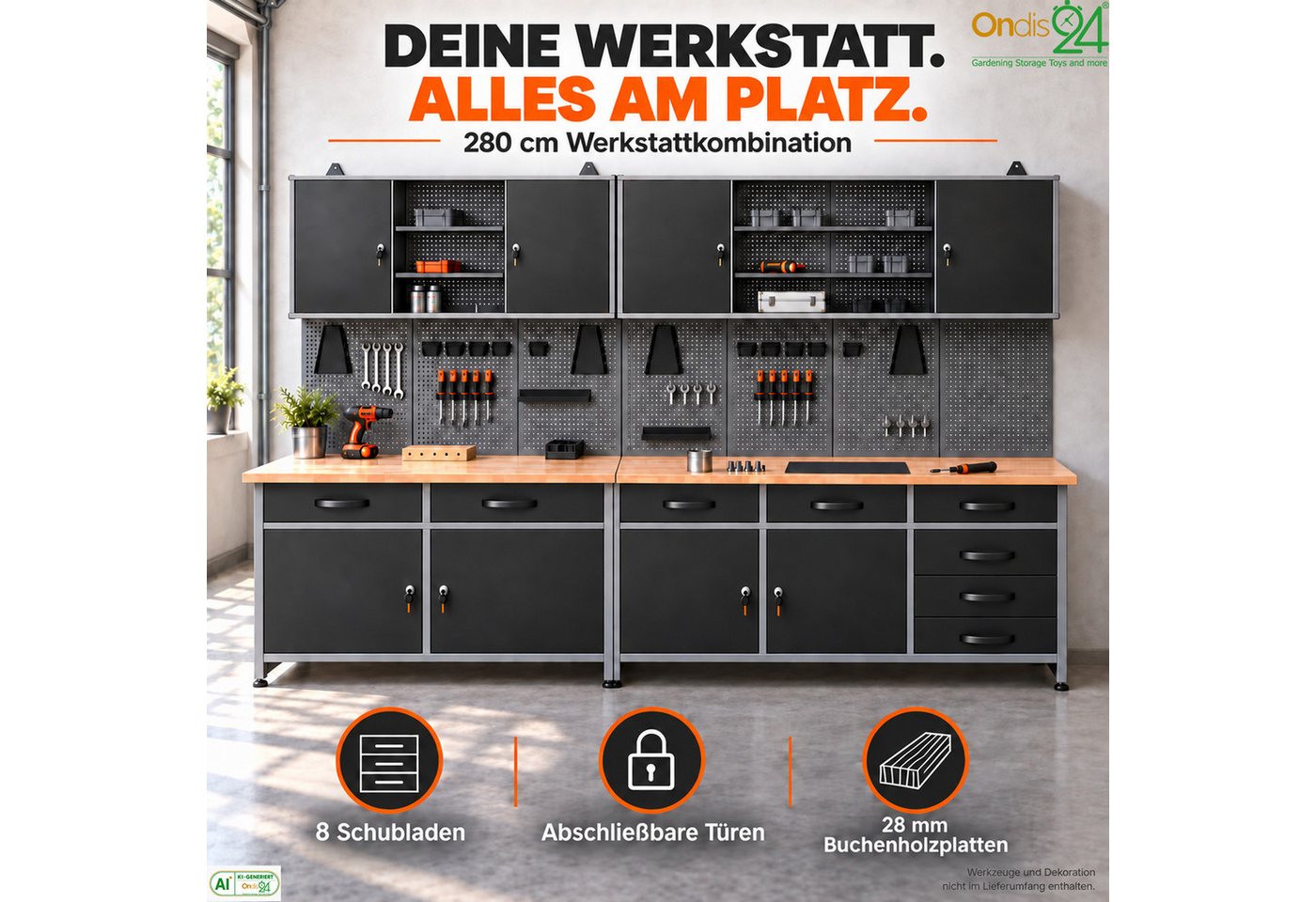 ONDIS24 Werkstatt-Set Werkstattset Bruno 280 cm Werkbank 8 Schubladen Hängeschränke Lochwand Bild 5
