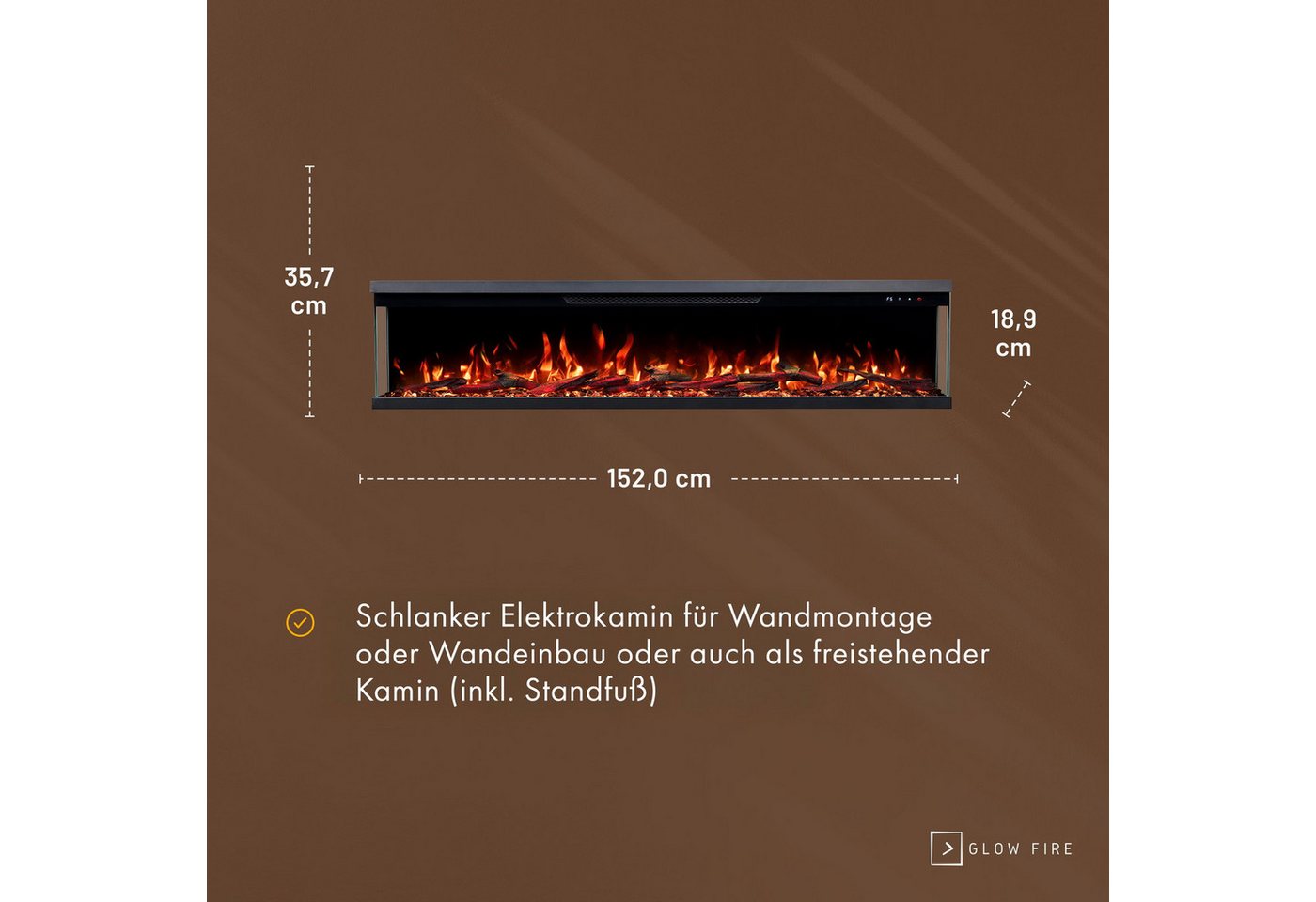 GF Core Elektrokamin Insert Wandkamin mit 3D Feuer und Heizung (Thermostat, 900- 1800 W), Elektrischer Stand-, Wand- oder Einbaukamin mit APP Steuerung, LED