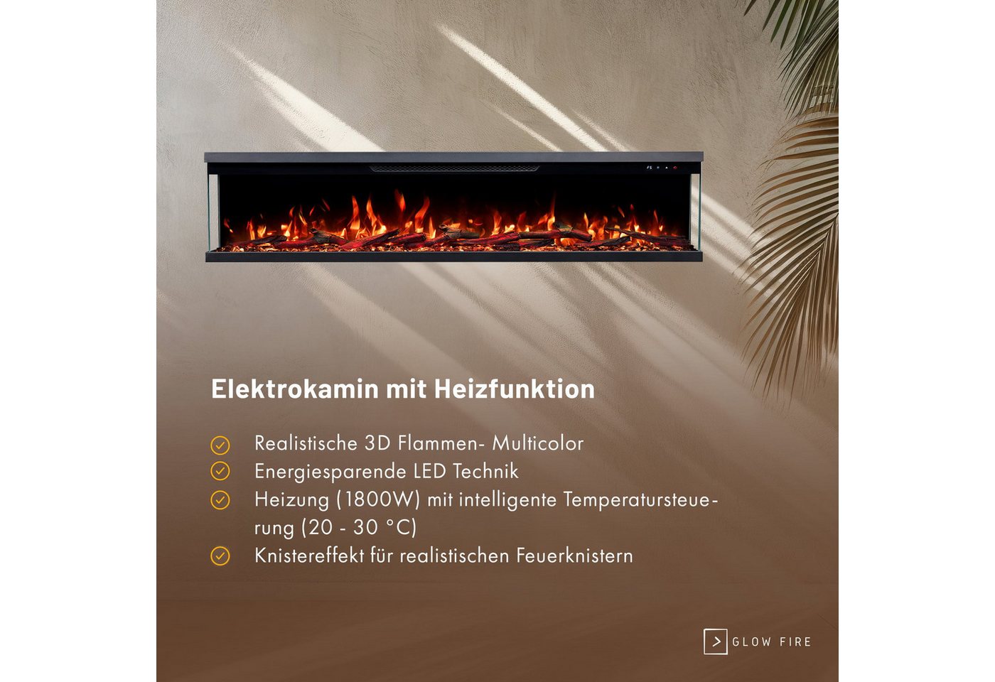 GF Core Elektrokamin Insert Wandkamin mit 3D Feuer und Heizung (Thermostat, 900- 1800 W), Elektrischer Stand-, Wand- oder Einbaukamin mit APP Steuerung, LED Bild 2