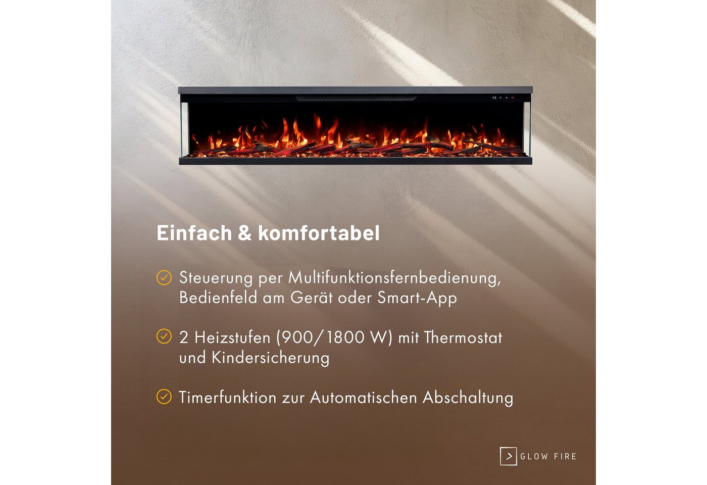 GF Core Elektrokamin Insert Wandkamin mit 3D Feuer und Heizung (Thermostat, 900- 1800 W), Elektrischer Stand-, Wand- oder Einbaukamin mit APP Steuerung, LED Bild 4
