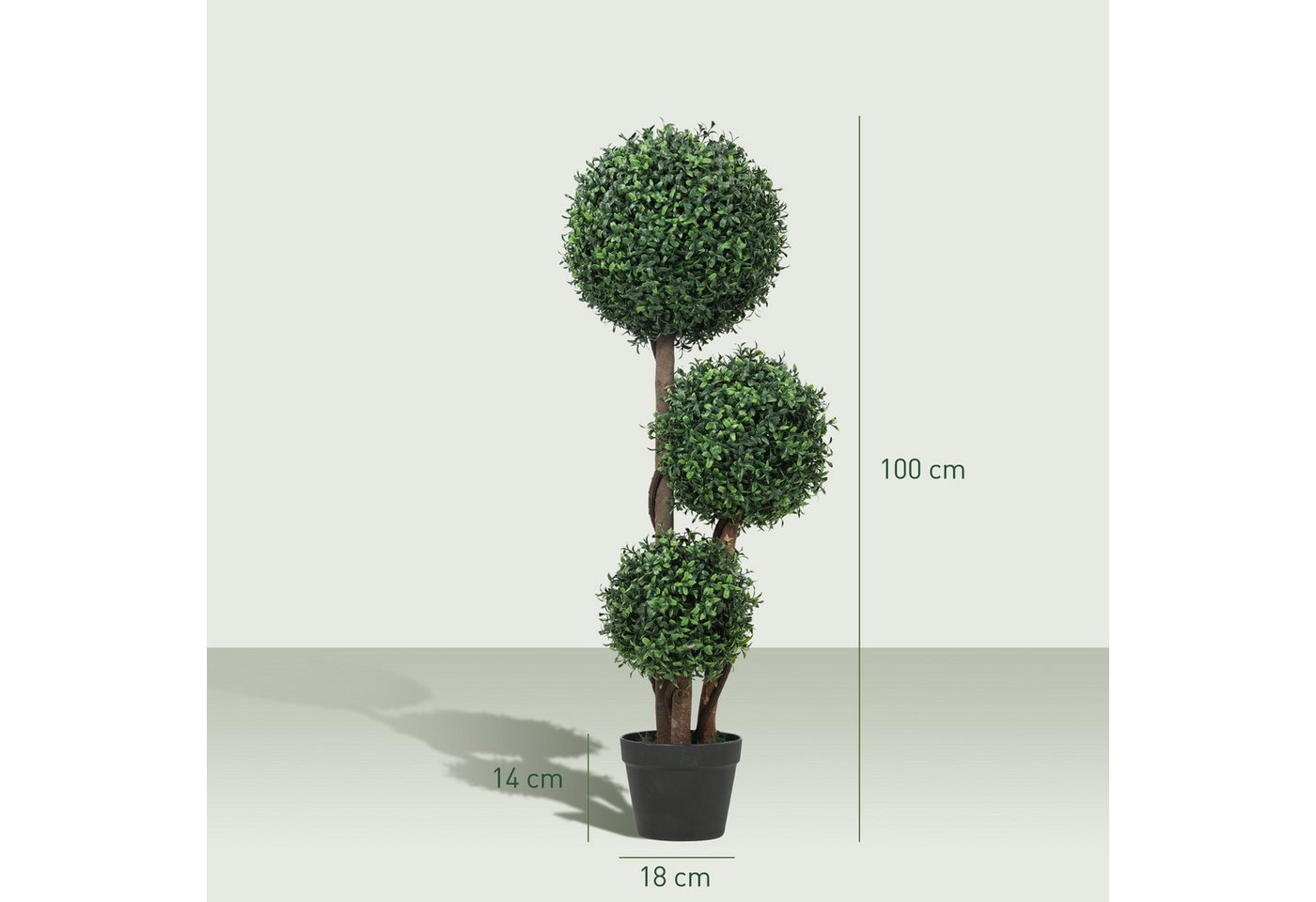 Kunstpflanze Künstliche Kugel dreikugelig mit UV-Schutz Fake Plant wie echt Buchsbaum, HOMCOM, Höhe 100 cm, für Wohnzimmer, Büro, Grün