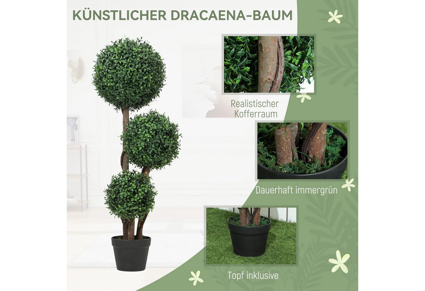 Kunstpflanze Künstliche Kugel dreikugelig mit UV-Schutz Fake Plant wie echt Buchsbaum, HOMCOM, Höhe 100 cm, für Wohnzimmer, Büro, Grün Bild 3