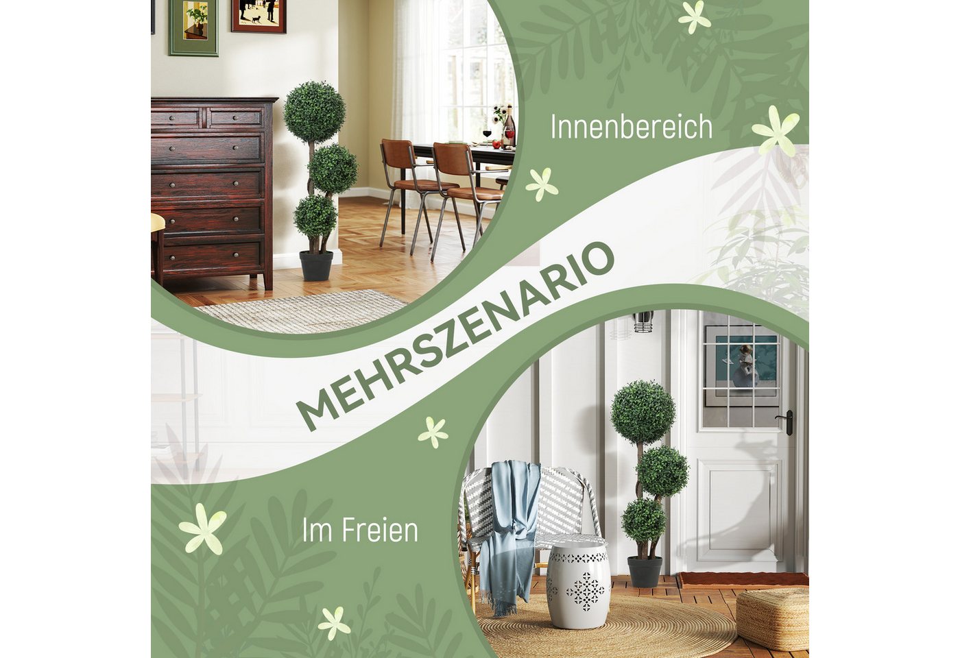 Kunstpflanze Künstliche Kugel dreikugelig mit UV-Schutz Fake Plant wie echt Buchsbaum, HOMCOM, Höhe 100 cm, für Wohnzimmer, Büro, Grün Bild 4