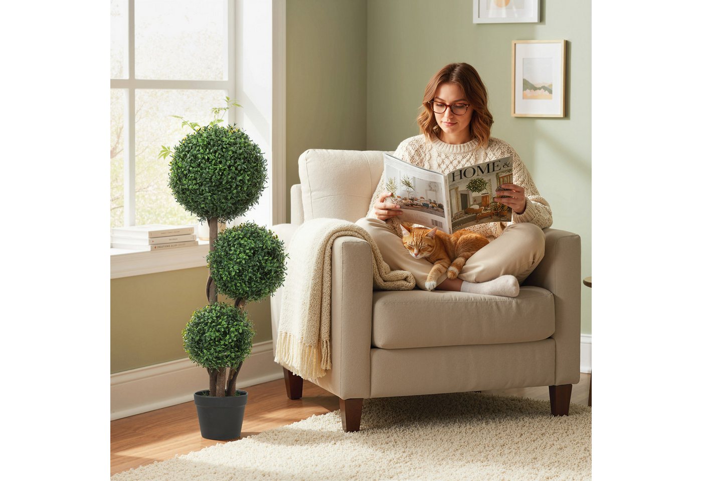 Kunstpflanze Künstliche Kugel dreikugelig mit UV-Schutz Fake Plant wie echt Buchsbaum, HOMCOM, Höhe 100 cm, für Wohnzimmer, Büro, Grün Bild 5