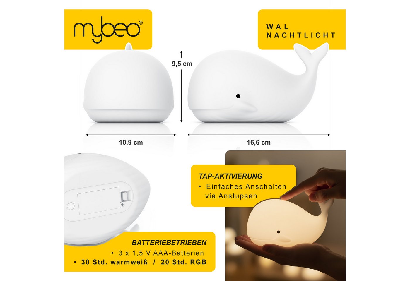 MyBeo LED Nachtlicht für Babys und Kinder, warmweiß, Nachtleuchte mit RGB Farbwechsel, Farbwechsel, Nachtlichtfunktion, LED fest integriert, Farbwechsler, Warmweiß, kleiner Wal, Einschlafhilfe mit Timer 60 Min, batteriebetrieben
