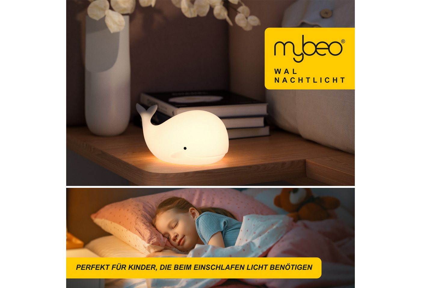 MyBeo LED Nachtlicht für Babys und Kinder, warmweiß, Nachtleuchte mit RGB Farbwechsel, Farbwechsel, Nachtlichtfunktion, LED fest integriert, Farbwechsler, Warmweiß, kleiner Wal, Einschlafhilfe mit Timer 60 Min, batteriebetrieben Bild 2