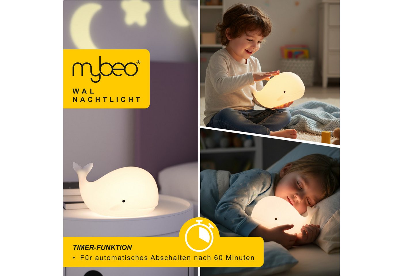 MyBeo LED Nachtlicht für Babys und Kinder, warmweiß, Nachtleuchte mit RGB Farbwechsel, Farbwechsel, Nachtlichtfunktion, LED fest integriert, Farbwechsler, Warmweiß, kleiner Wal, Einschlafhilfe mit Timer 60 Min, batteriebetrieben Bild 3