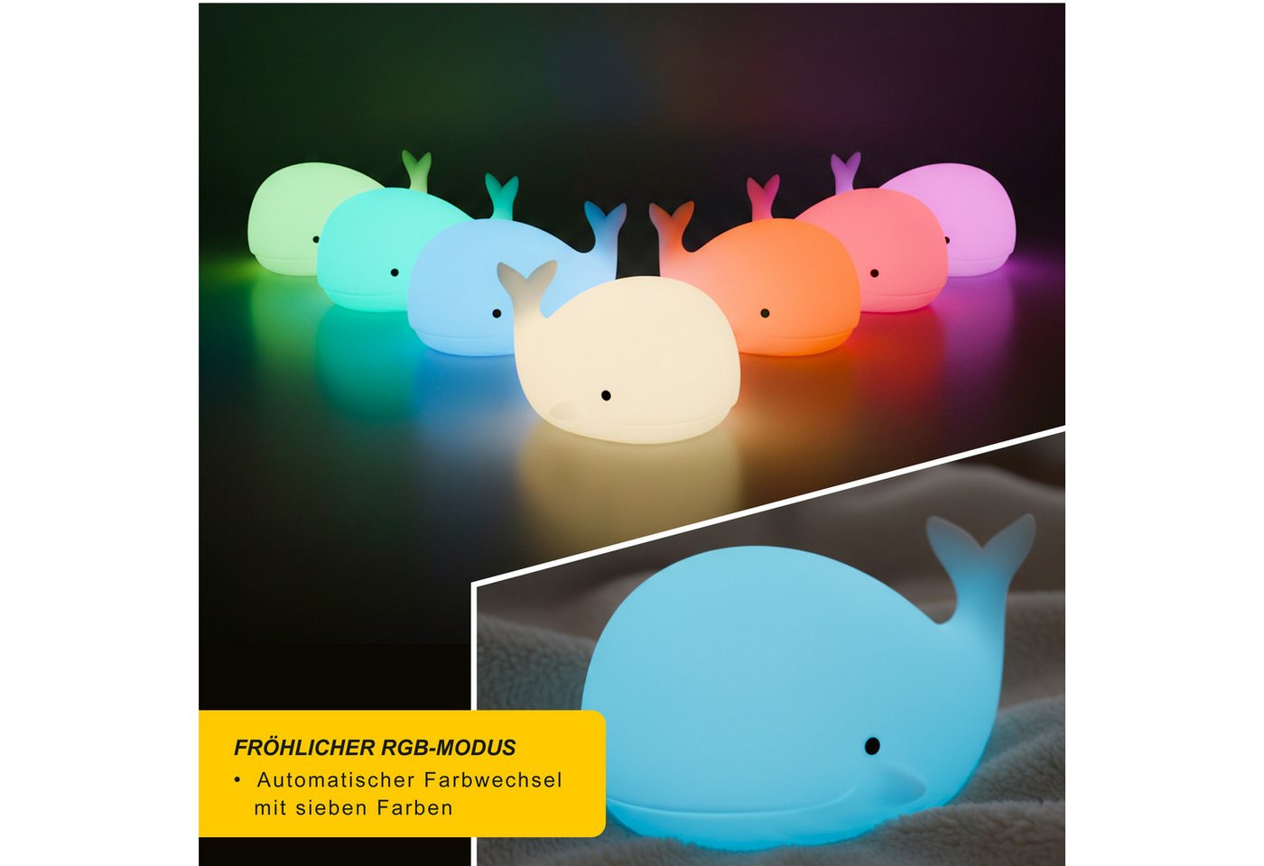 MyBeo LED Nachtlicht für Babys und Kinder, warmweiß, Nachtleuchte mit RGB Farbwechsel, Farbwechsel, Nachtlichtfunktion, LED fest integriert, Farbwechsler, Warmweiß, kleiner Wal, Einschlafhilfe mit Timer 60 Min, batteriebetrieben Bild 5