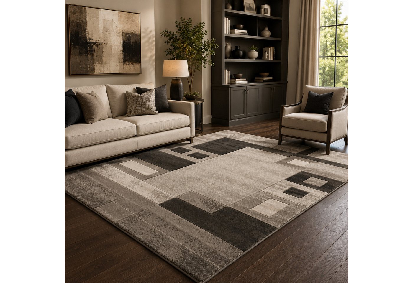 Vimoda Teppich Wohnzimmer Kariert mit Farbverlauf und Konturenschnitt Grau & Braun, Rechteckig, Höhe: 12 mm, Hochwertiger, karierter Wohnzimmerteppich mit definiertem Schnitt