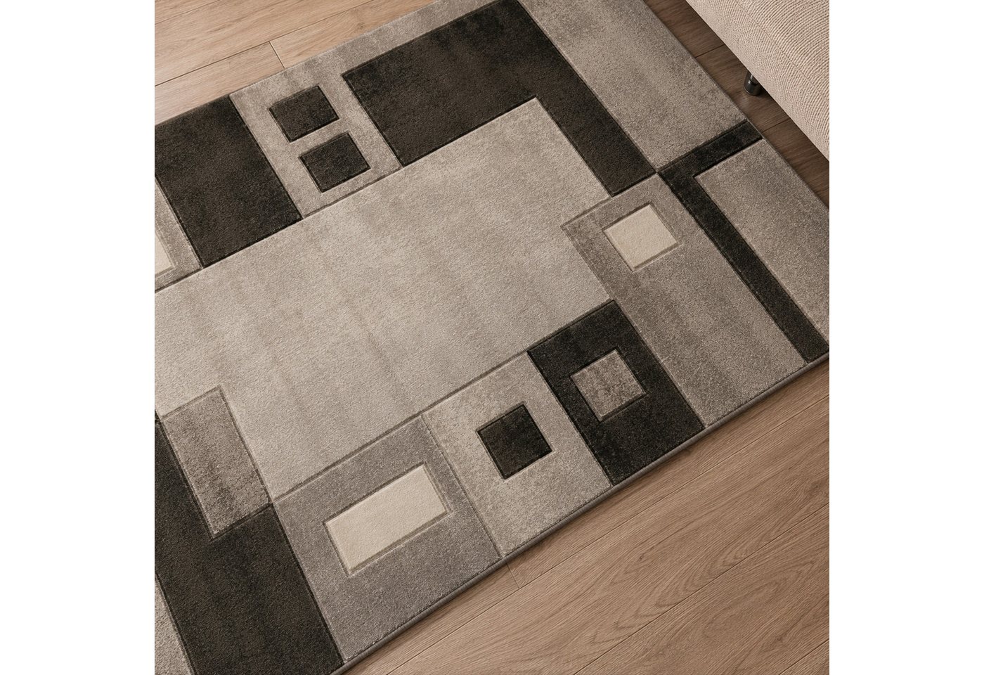 Vimoda Teppich Wohnzimmer Kariert mit Farbverlauf und Konturenschnitt Grau & Braun, Rechteckig, Höhe: 12 mm, Hochwertiger, karierter Wohnzimmerteppich mit definiertem Schnitt Bild 3