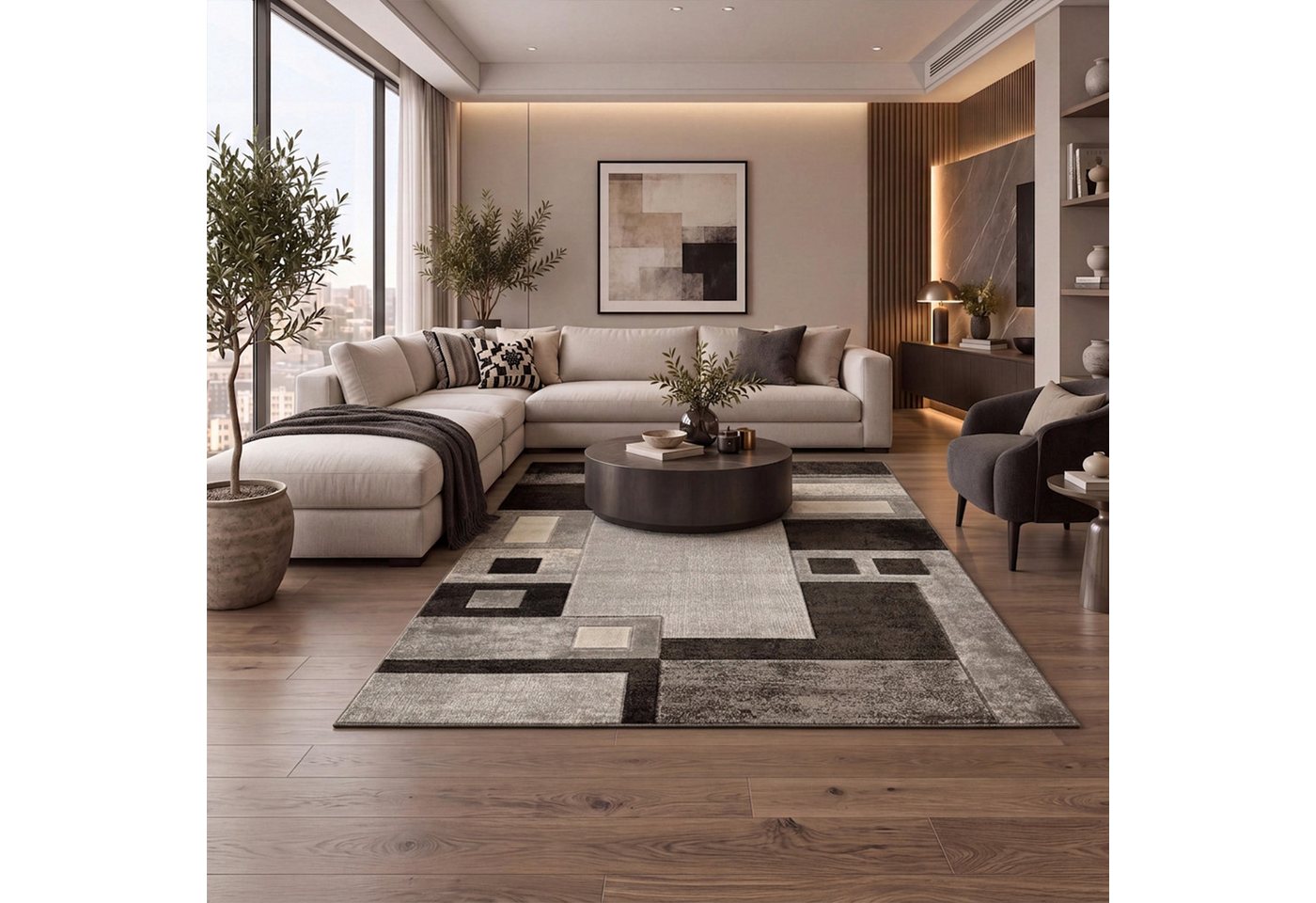 Vimoda Teppich Wohnzimmer Kariert mit Farbverlauf und Konturenschnitt Grau & Braun, Rechteckig, Höhe: 12 mm, Hochwertiger, karierter Wohnzimmerteppich mit definiertem Schnitt Bild 4