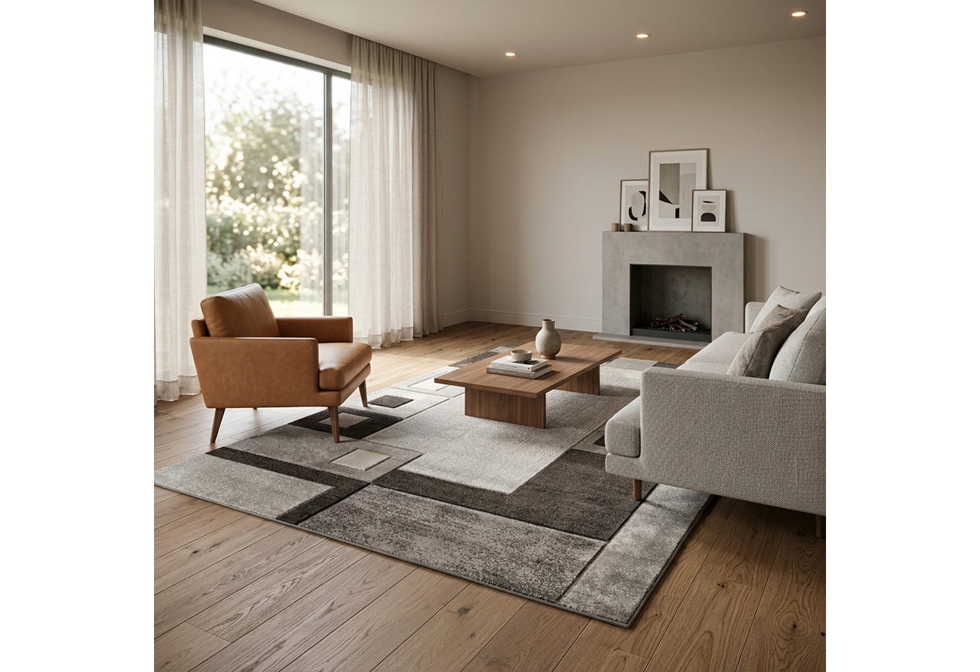 Vimoda Teppich Wohnzimmer Kariert mit Farbverlauf und Konturenschnitt Grau & Braun, Rechteckig, Höhe: 12 mm, Hochwertiger, karierter Wohnzimmerteppich mit definiertem Schnitt Bild 5