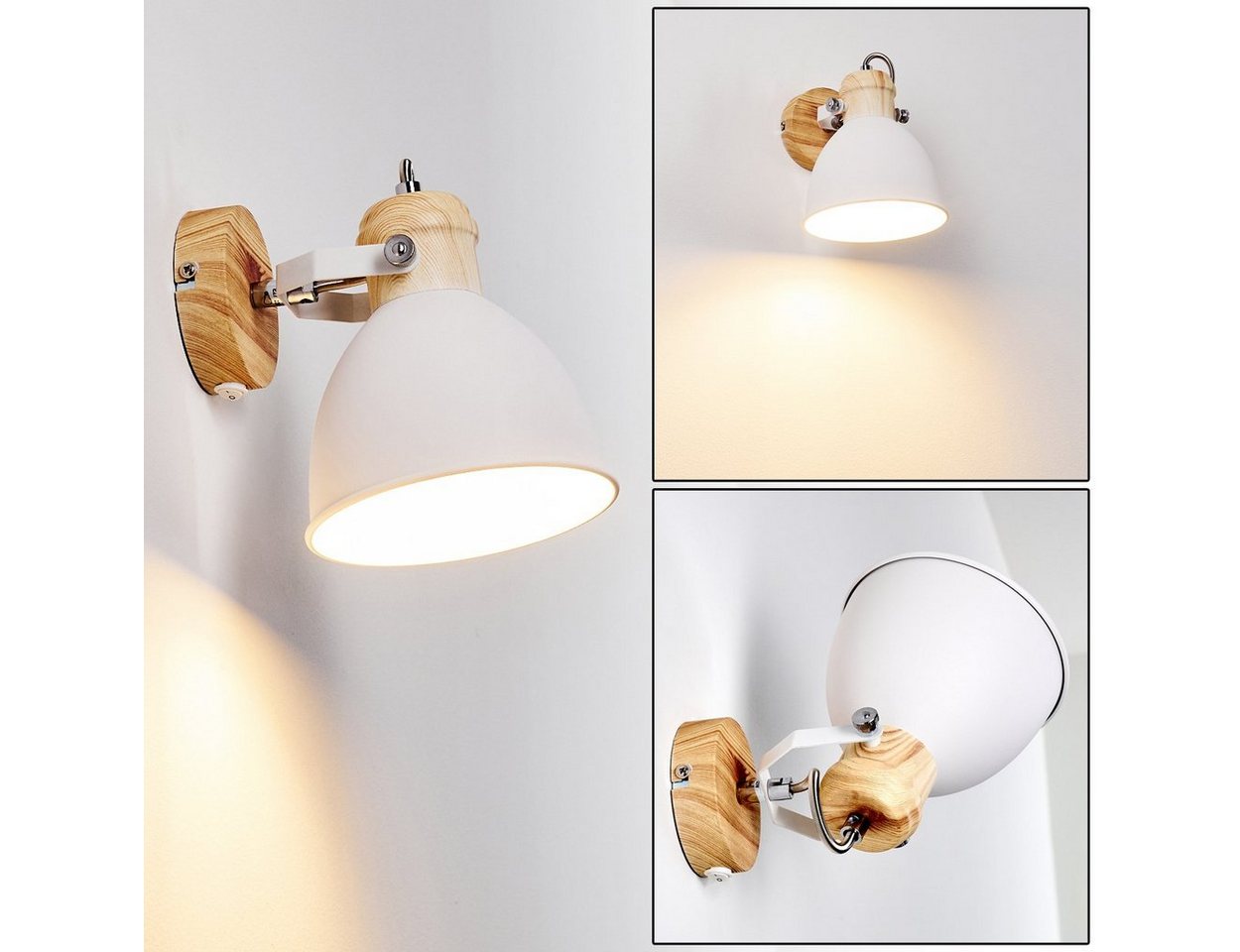 hofstein Wandleuchte »Verago« verstellbare Wandlampe aus Metall in Weiß/Holzoptik, ohne Leuchtmittel, 1xE27, Retro/Vintage Wandspot mit An-/Ausschalter am Gehäuse