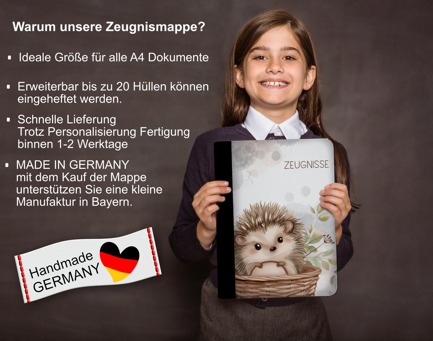 CreaDesign Schreibmappe Kinder Zeugnismappe, Dokumentenmappe, Ordner A4, Igel (1-St)
