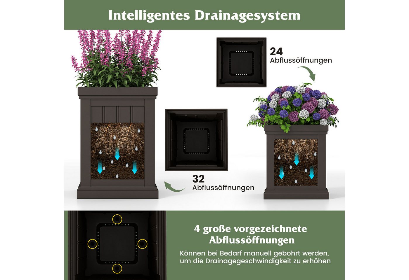 COSTWAY Blumentopf (2 St), Pflanzkübel Quadratisch wetterfest stapelbar, 48/31,5