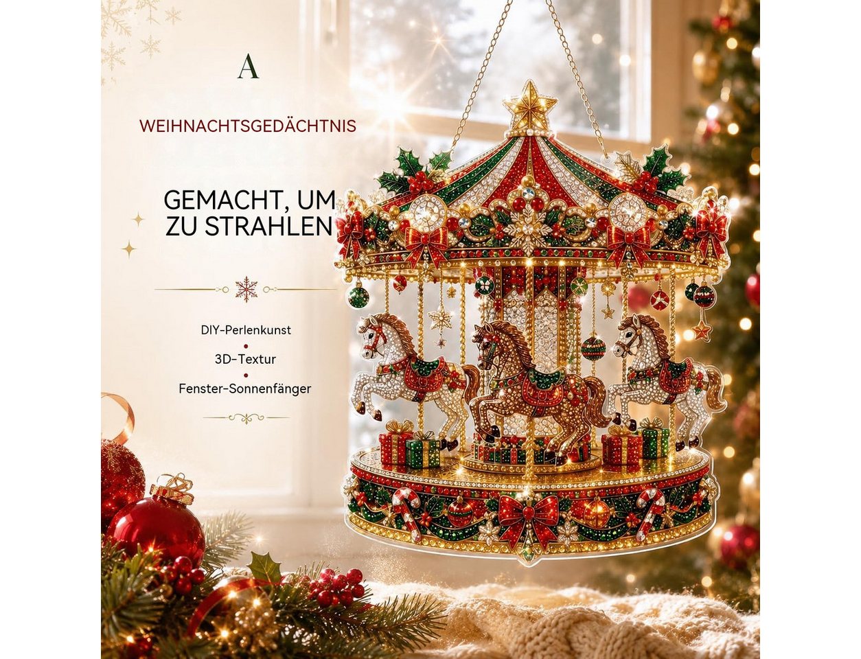 Agger Kreativset Diamond Painting weihnachten,Weihnachtsfigur,Karussell-Design, Weihnachtsbaum DIY Set,Fensterdeko zum Aufhängen Bild 3