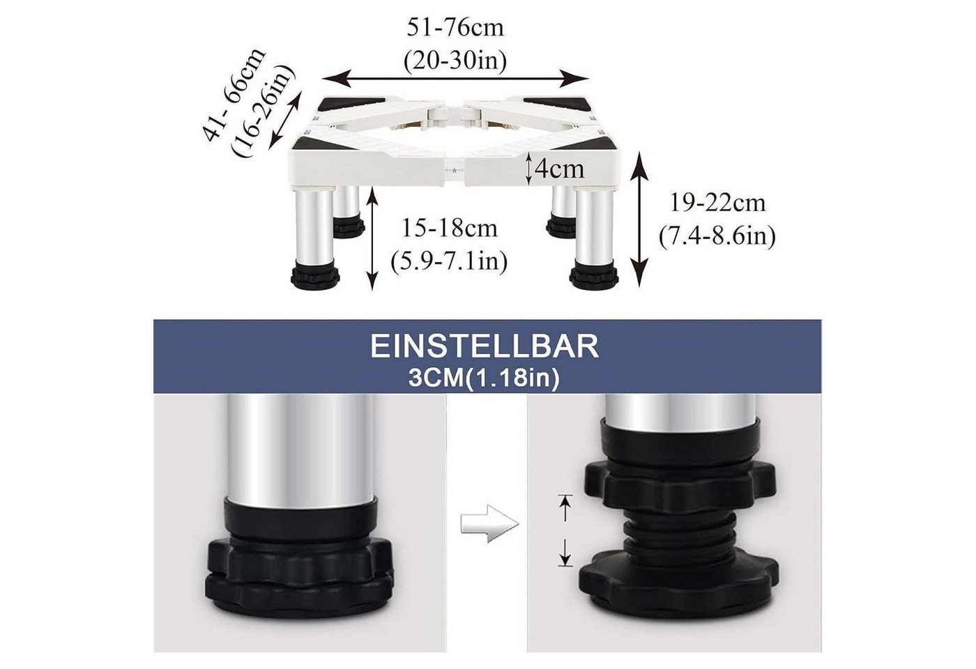 LuxusKollektion Waschmaschinenuntergestell Untergestell für Gefrierschrank höhenverstellbar 41-66cm Weiß