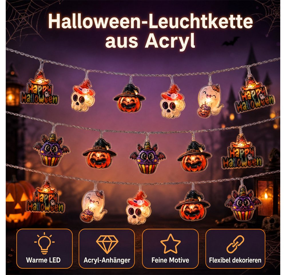 Bomiclss LED-Lichterkette Halloween Lichterkette, 3M 20LED Kürbis Lichterkette Batterie, 2 Modi Wetterfest Halloween Deko Outdoor für Garten, Party