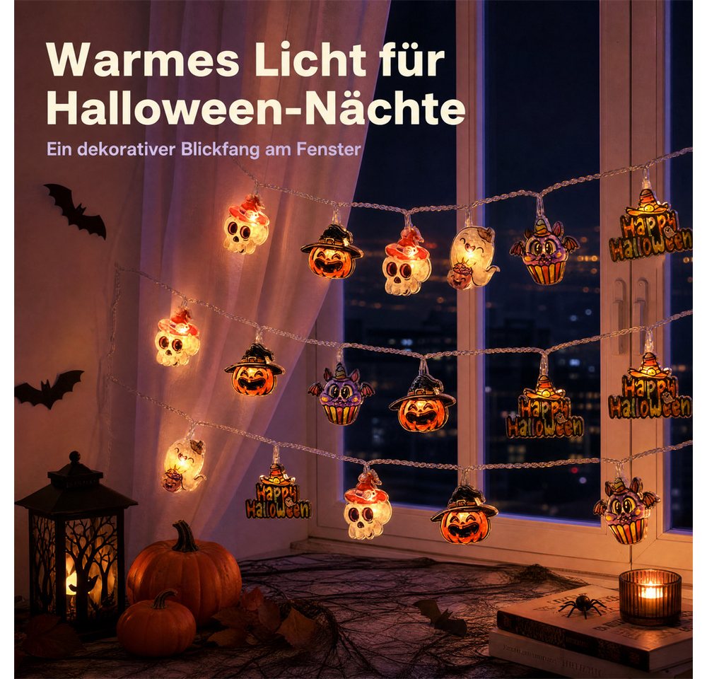 Bomiclss LED-Lichterkette Halloween Lichterkette, 3M 20LED Kürbis Lichterkette Batterie, 2 Modi Wetterfest Halloween Deko Outdoor für Garten, Party Bild 2