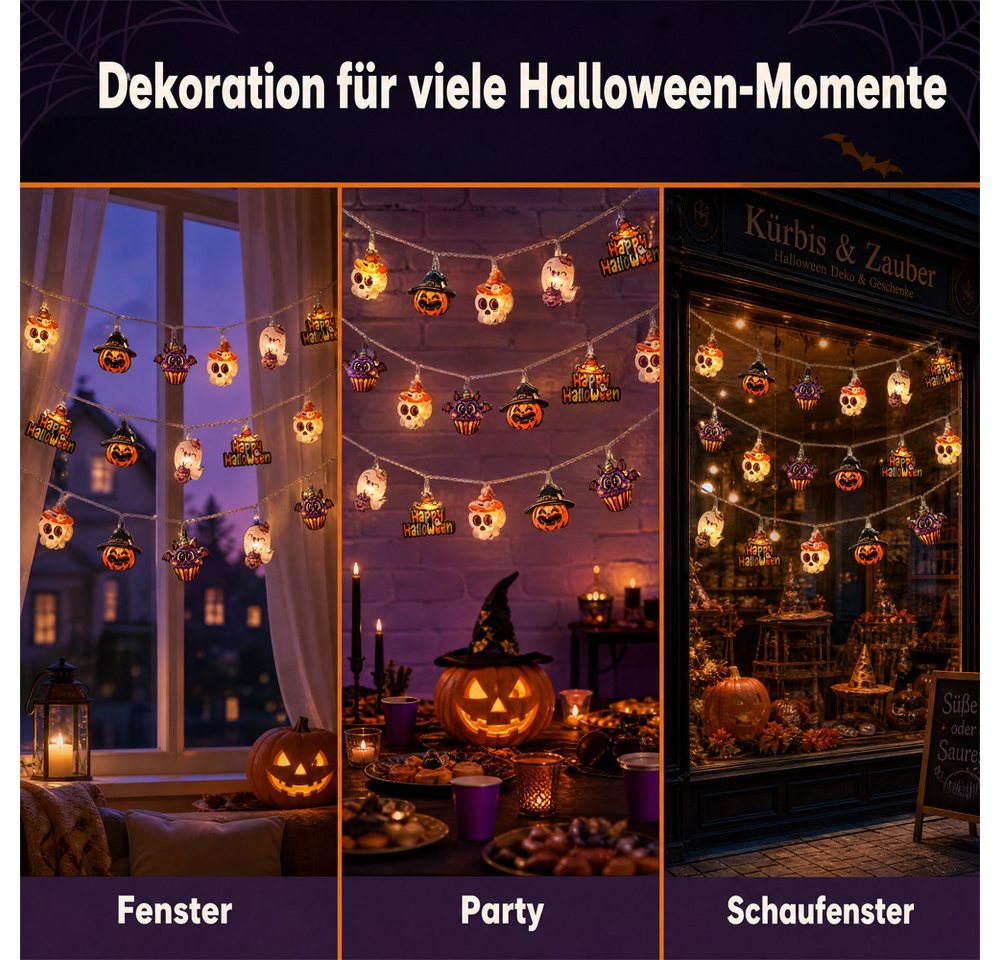 Bomiclss LED-Lichterkette Halloween Lichterkette, 3M 20LED Kürbis Lichterkette Batterie, 2 Modi Wetterfest Halloween Deko Outdoor für Garten, Party Bild 5
