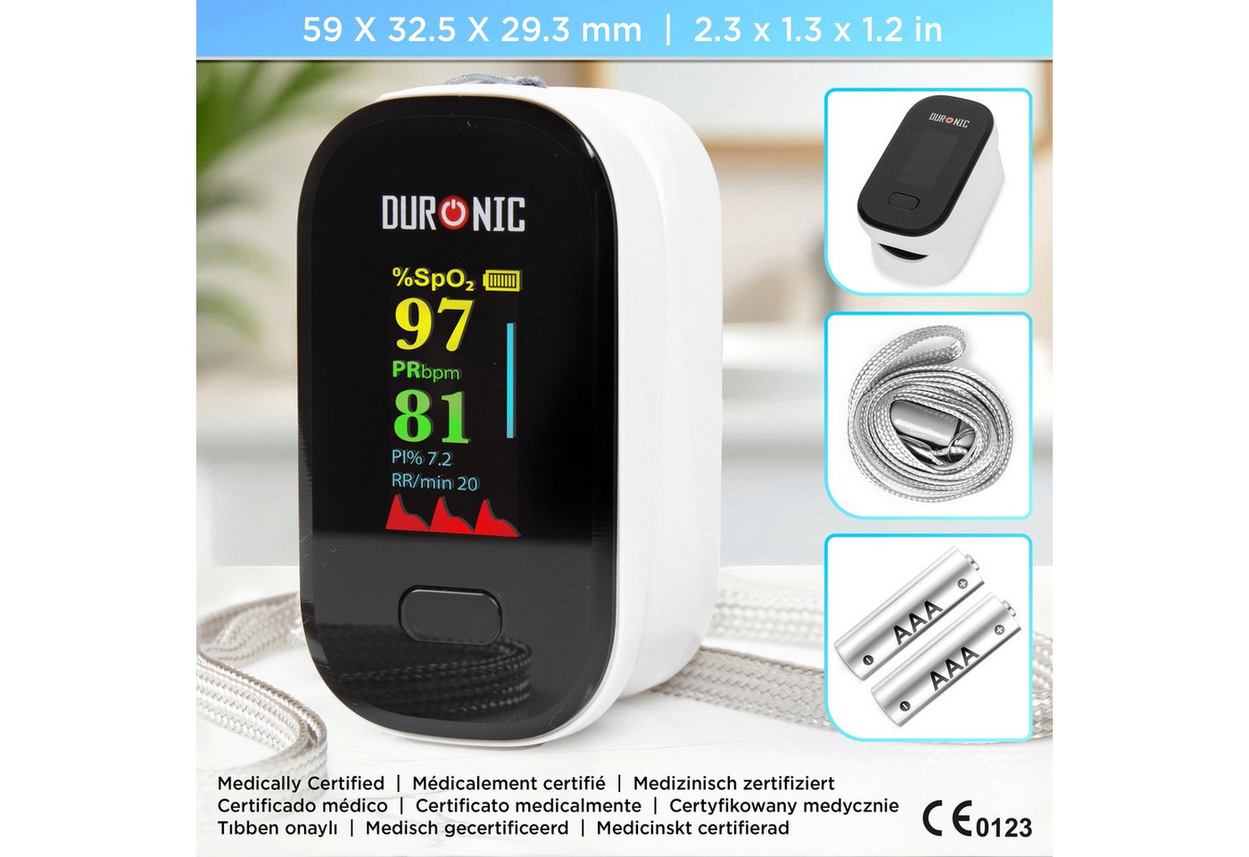 Duronic Pulsoximeter OX02 Pulsoximeter, Oximeter für Sauerstoffsättigung (SpO) im