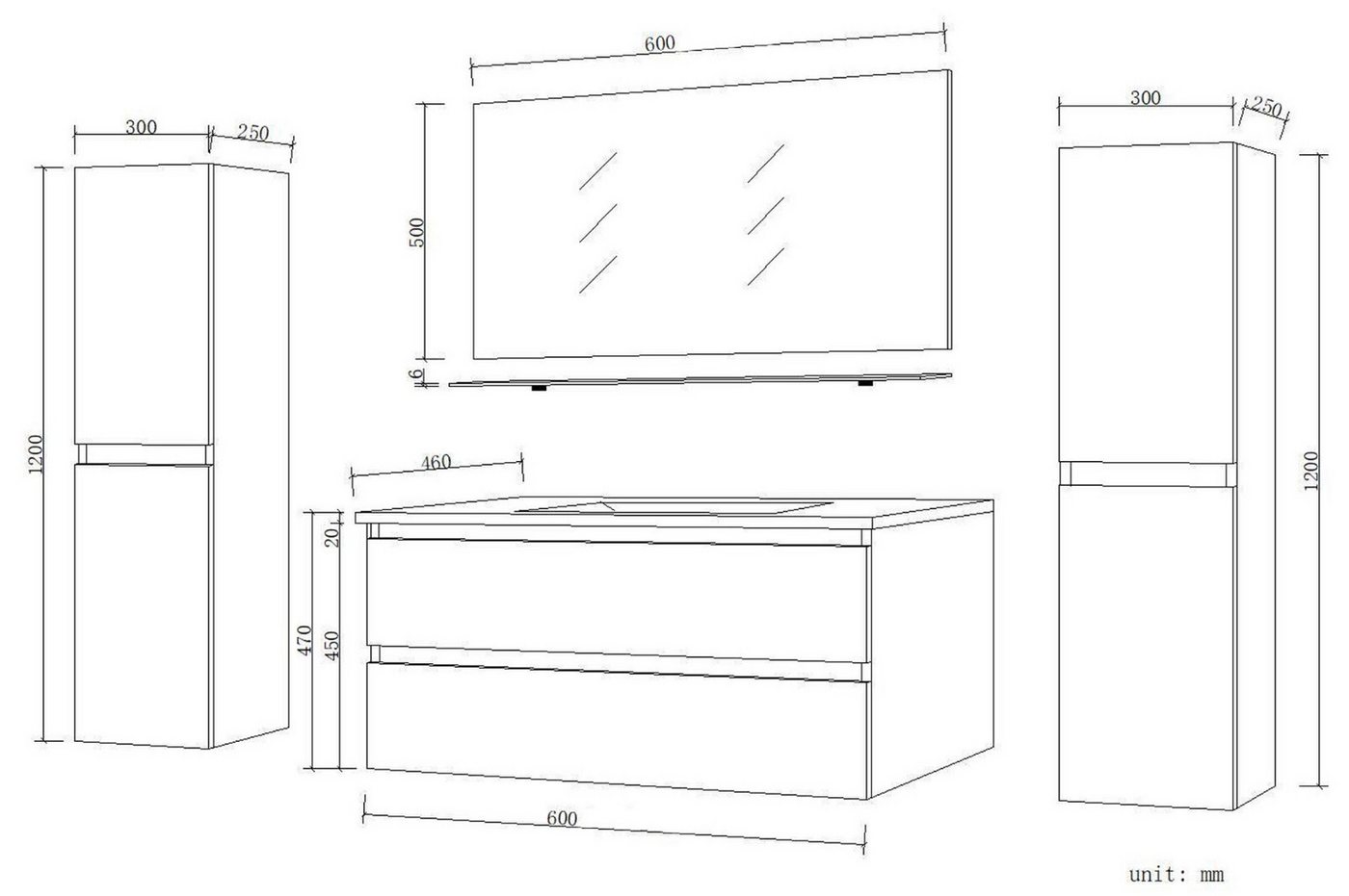 inter Badmöbel-Set Kairo inkl. Waschtisch und Spiegelschrank, (60 cm, Schwarz mit Spiegel, Ablage, Hochschränken, Unterschrank und Becken)