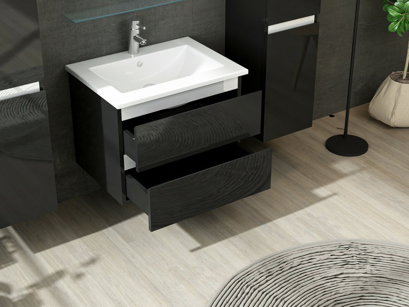 inter Badmöbel-Set Kairo inkl. Waschtisch und Spiegelschrank, (60 cm, Schwarz mit Spiegel, Ablage, Hochschränken, Unterschrank und Becken) Bild 3