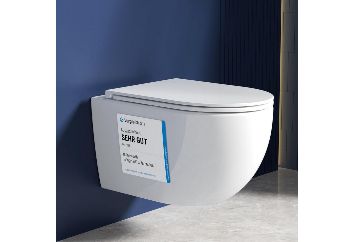 Rainsworth Tiefspül-WC Hänge WC Spülrandlos Einloch Spülung Toilette, 48.5cm lang