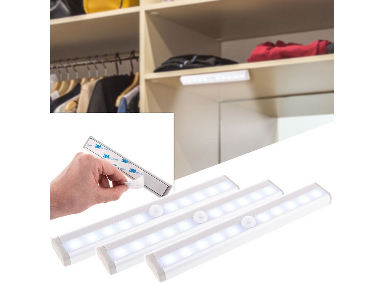 Out of the Blue LED Lichtleiste LED Lichtleiste Bewegungsmelder Nachtlicht Unterbauleuchte kabellos, 3M-Klebeband & 15-Sek.-Timer/Diffuses Licht