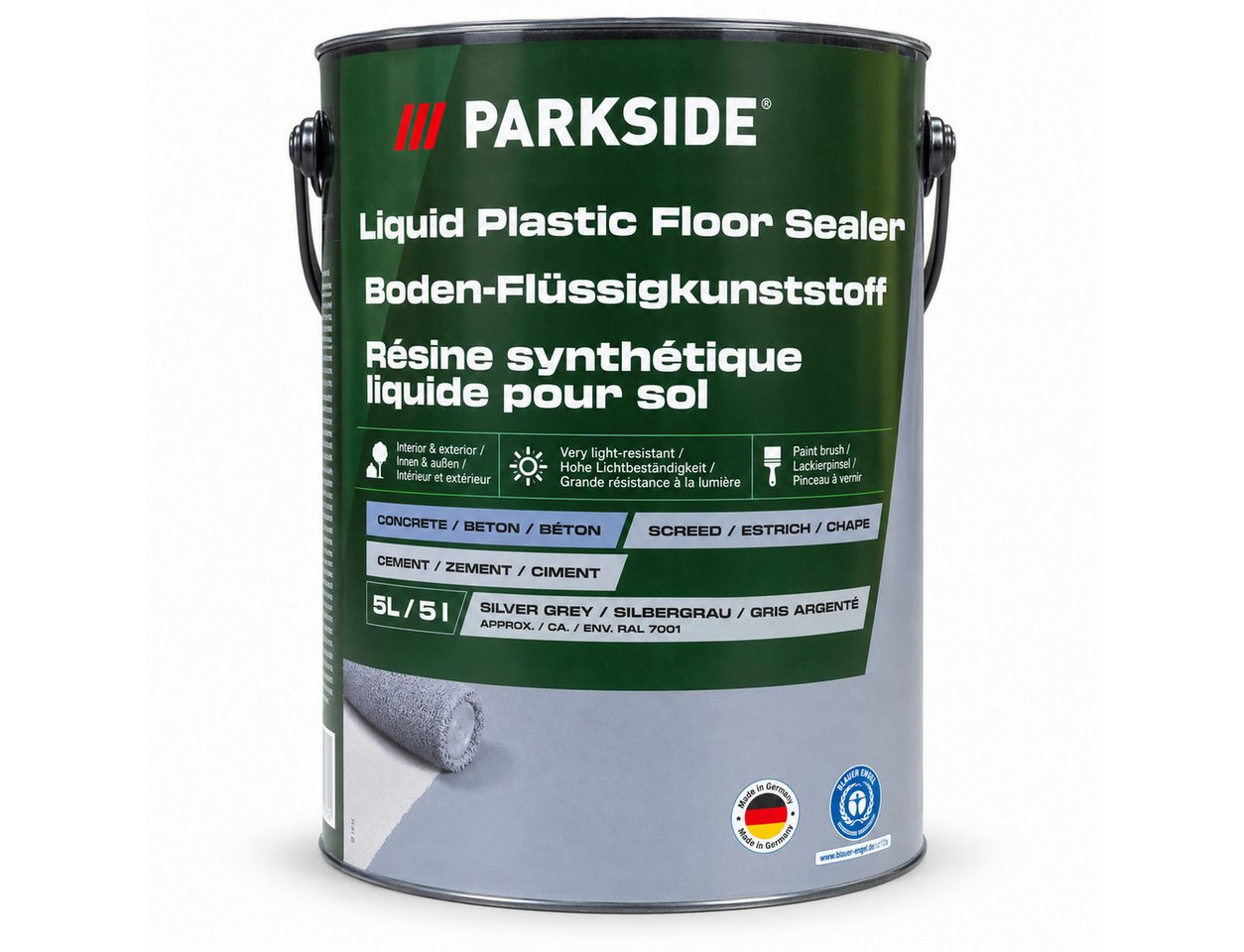 Parkside Acryl-Flüssigkunststoff Parkside Boden Flüssigkunststoff 5L Made in Germany Silbergrau, wasserverdünnbar, hohe Lichtbeständigkeit