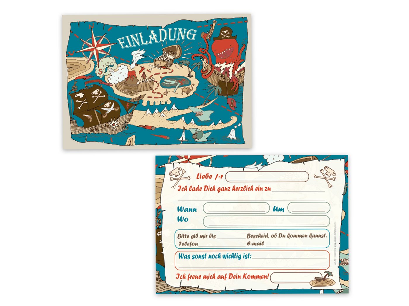 LIMONIA Einladungskarten Piraten zum Kindergeburtstag Einladungen Karten Schiff Schatzsuche, Einladungskarten mit Piraten Motiv für Kinder