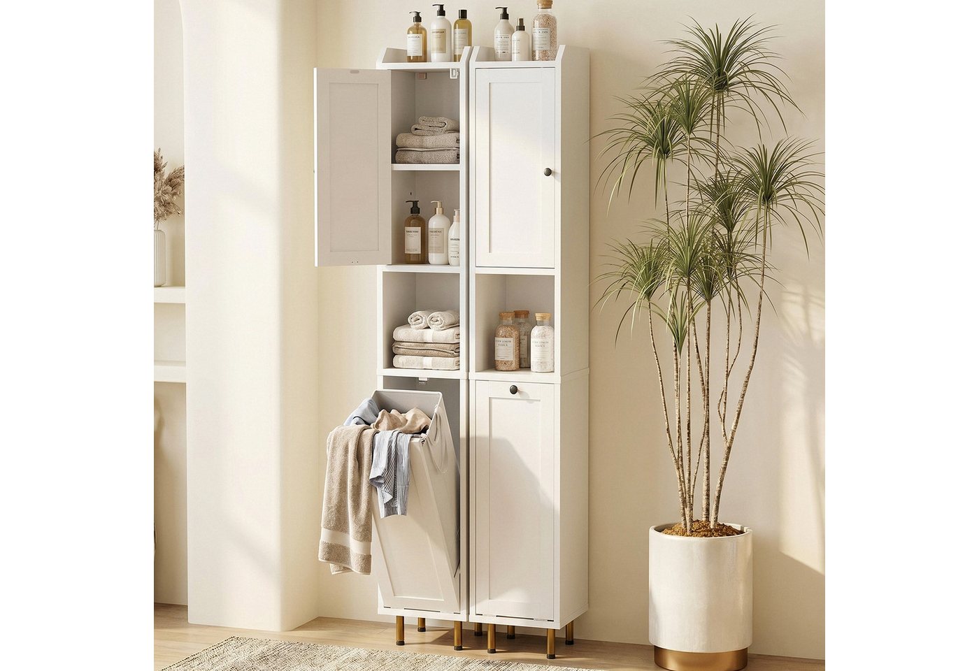 TLGREEN Badkommode Badezimmerschrank mit Wäschekorb, (37 L Wäschebeutel, Standschrank mit 4 Aufbewahrungszonen, 2 St), verstellbare Böden, 25 kg Tragkraft, Kippschutz