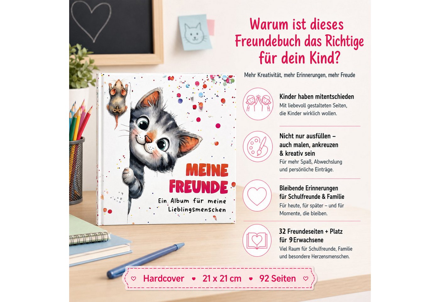 TOBJA Poesiealbum Freundebuch Grundschule Katze 21x21 cm - 32 Freunde, 9 Erwachsene, Katzen-Motiv, 92 Seiten, 32 Doppelseiten, FSC®-Papier